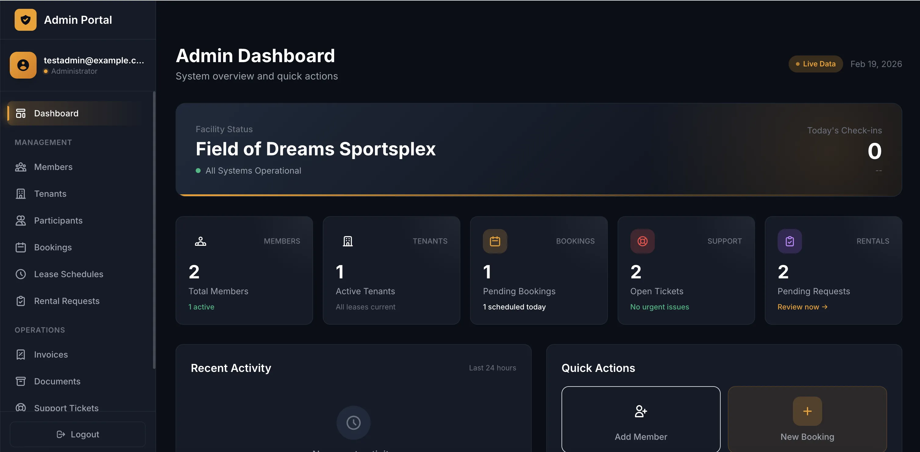 Field of Dreams Sportsplex - Admin Dashboard