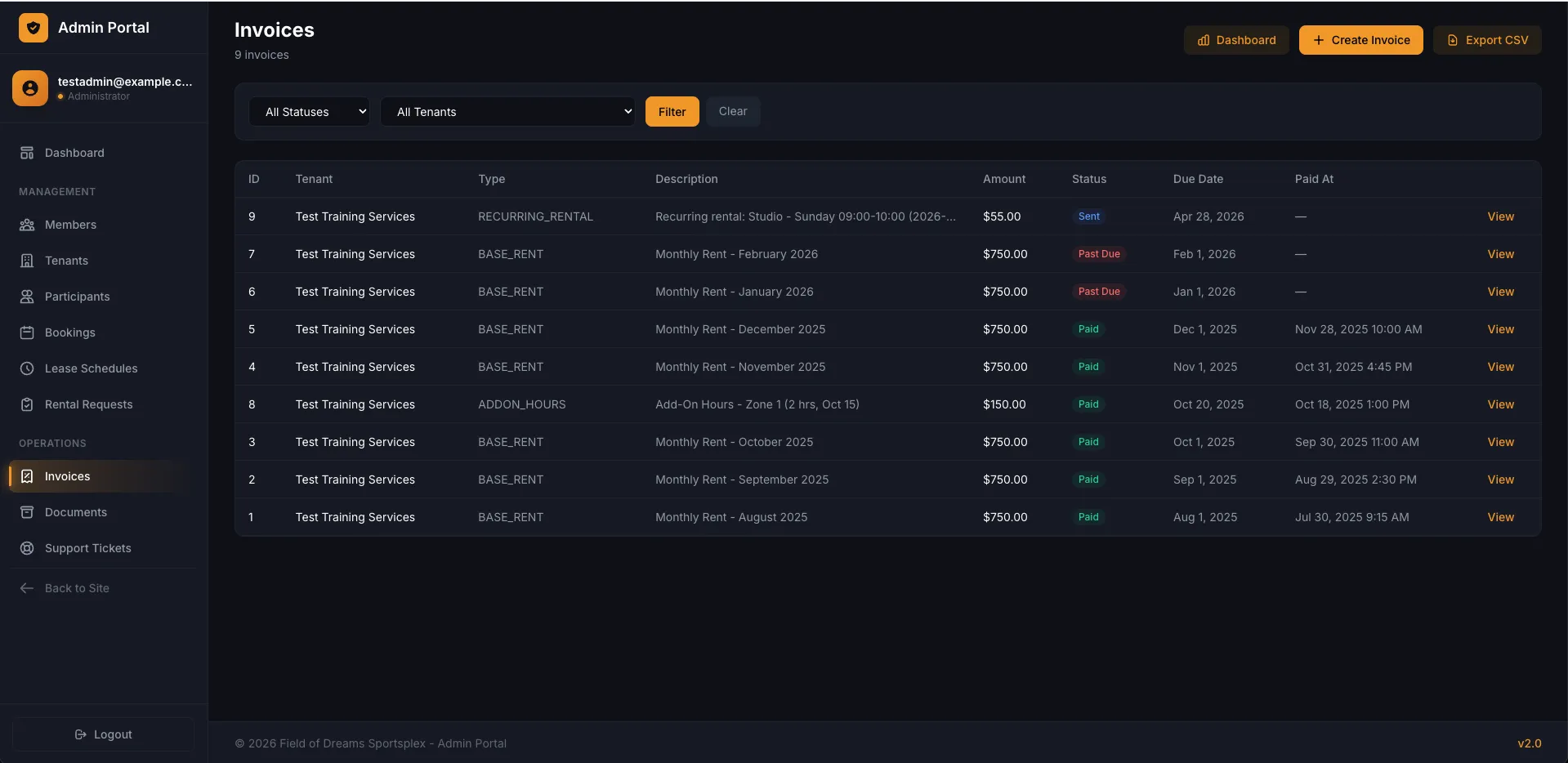 Field of Dreams Sportsplex - Invoice Dashboard